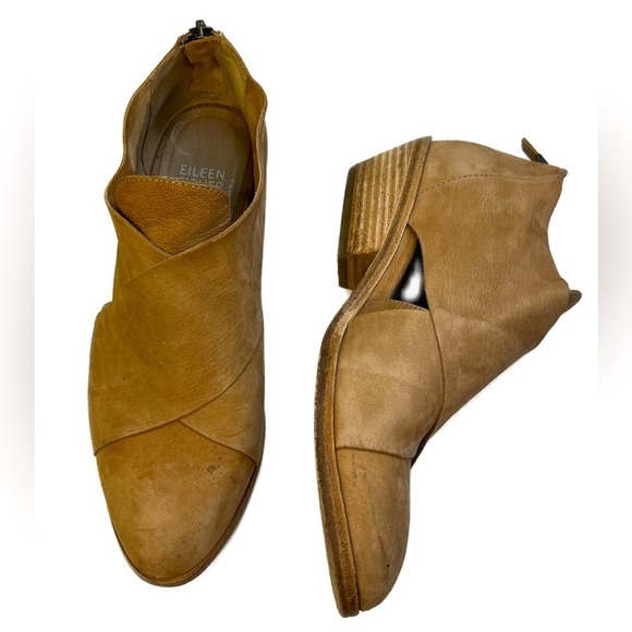 Eileen Fisher Brown Tan Cluster Crisscross Leather Boots Booties Sz 6 Cut Out - Picture 1 of 8